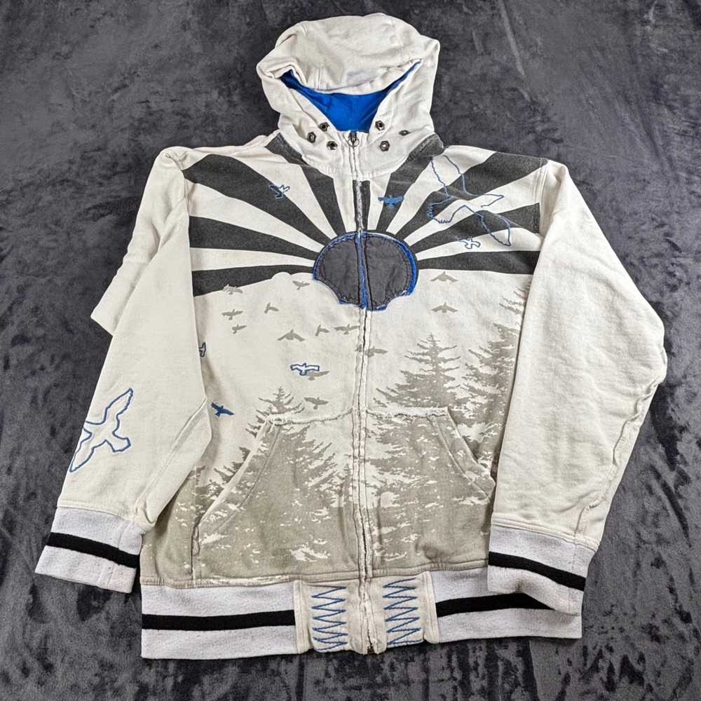 Unbranded Zip Hoodie Mens XL Cream Graphic Sun Forest Birds Streetwear